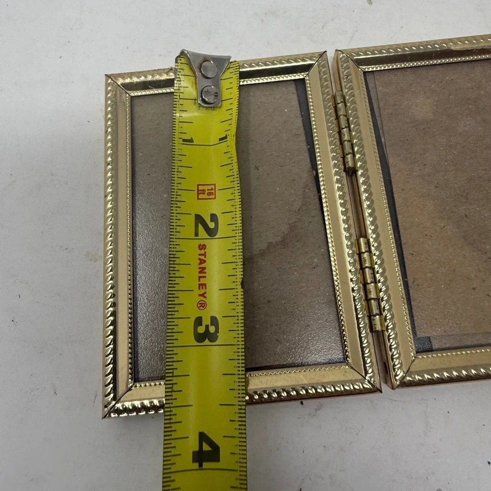Vintage Gold Tone Metal Double Folding Picture Frame Hinged Bifold 2.5x3.5
